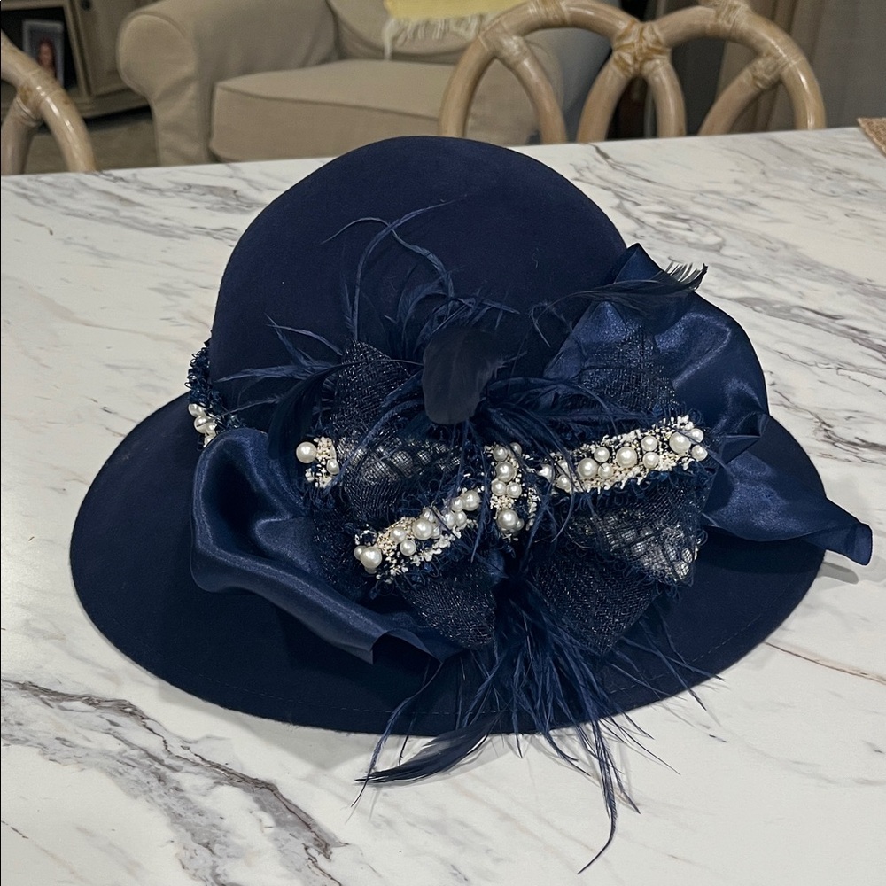 Elegant Navy Blue Hat with Pearl Accents